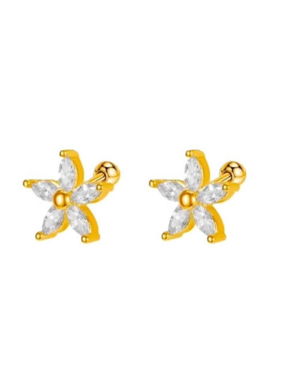 Flower Cubic Zirconia 18K Gold PVD Mini Floral Stud Earrings Screw Back Piercing